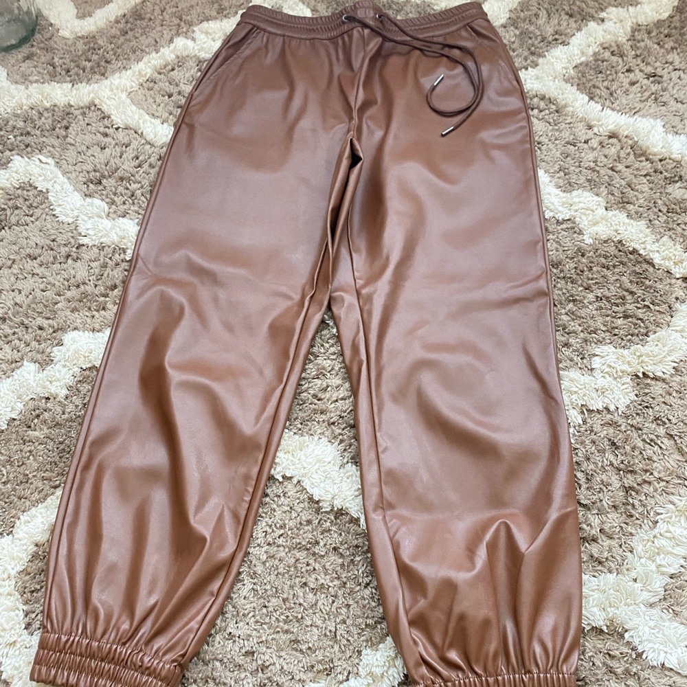 Brown Faux Leather Joggers